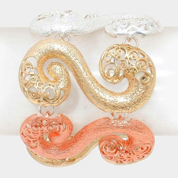 Tri-Color Hammered Metal Swirl Filigree Bracelet - Picture 1 of 3